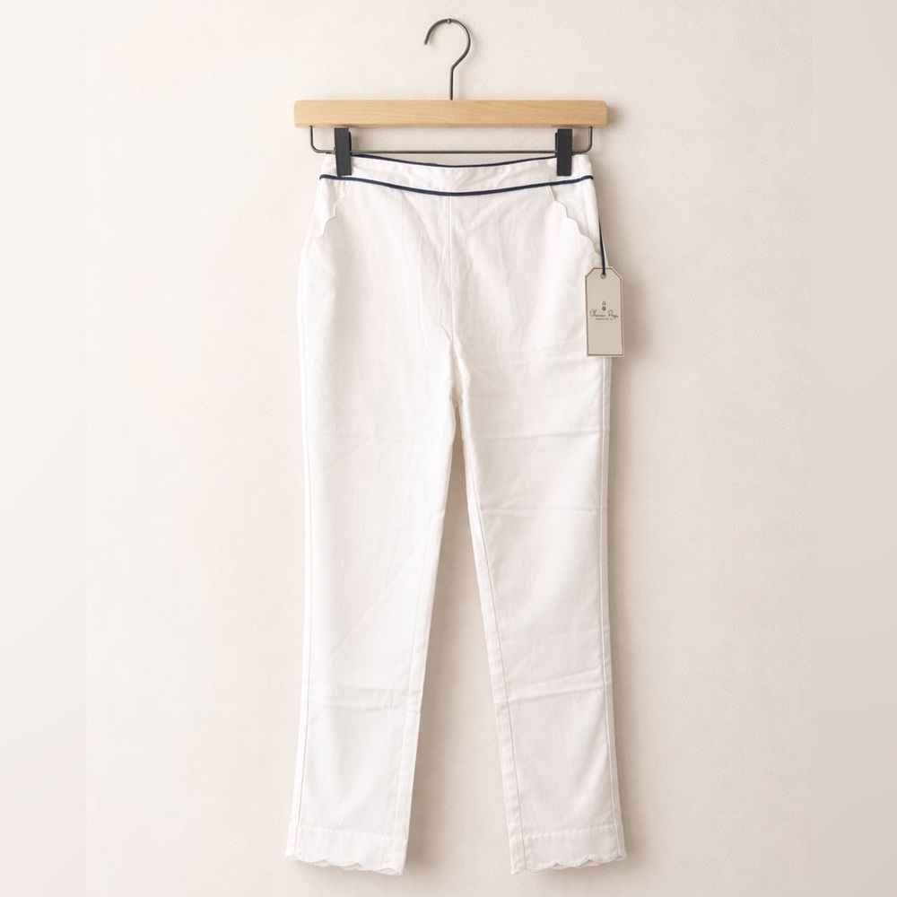 NWT Classic Prep Mindy Scallop Pant Size 8 White Sateen Navy Trim Ankle